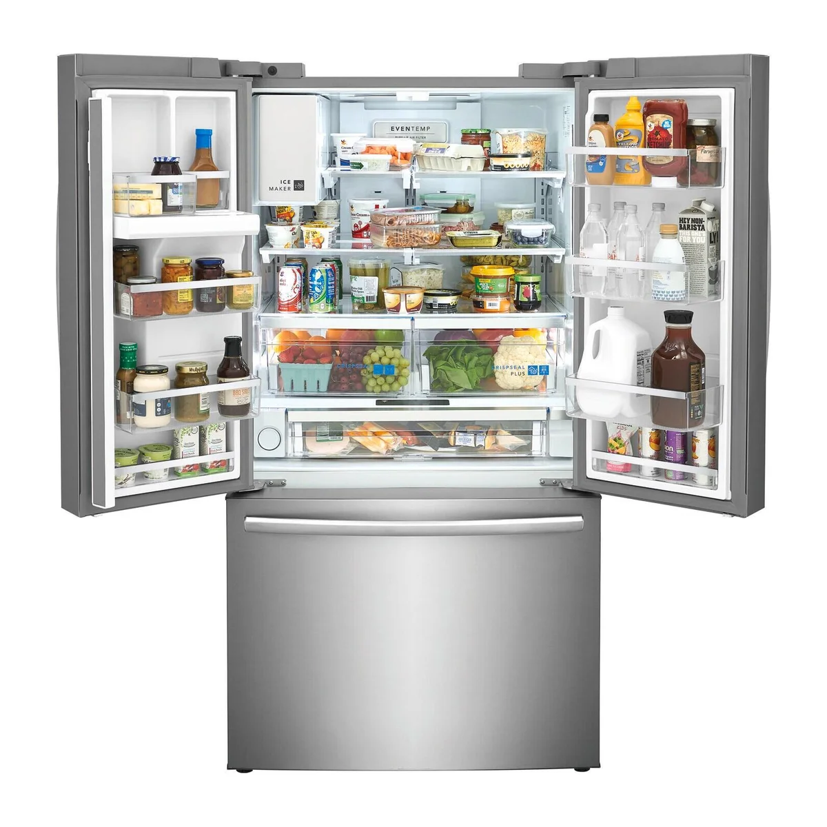 Frigidaire Gallery GRFS2853AF fully stocked interior showing adjustable temp drawer, door bins, and full 27.8 cu. ft. capacity