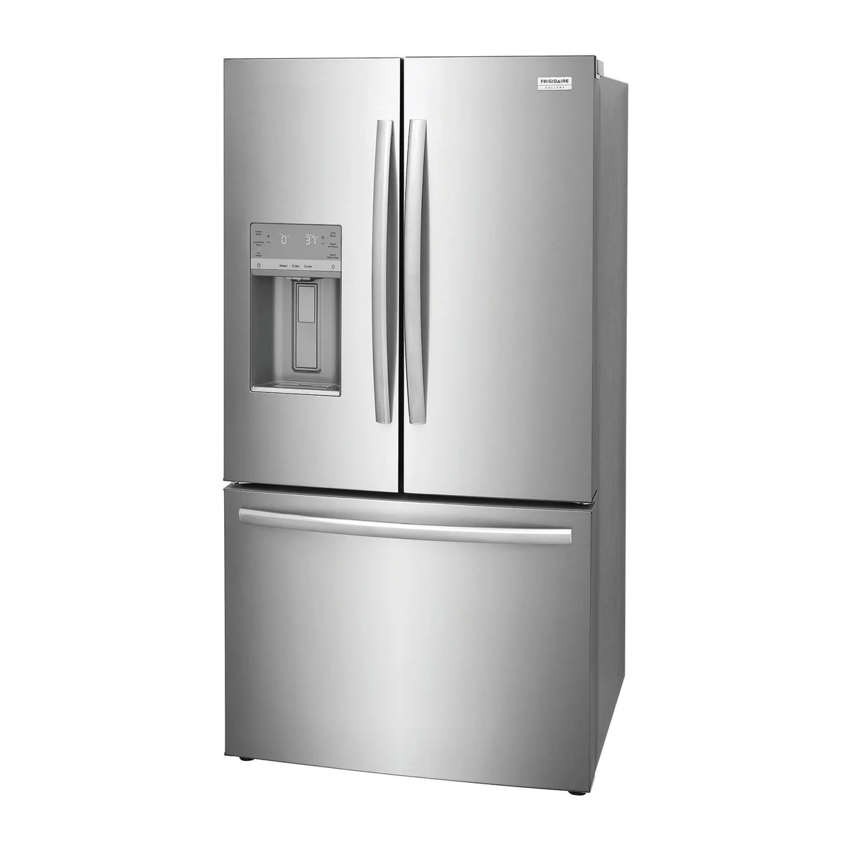 Frigidaire Gallery GRFS2853AF French door refrigerator three-quarter angle view in stainless steel