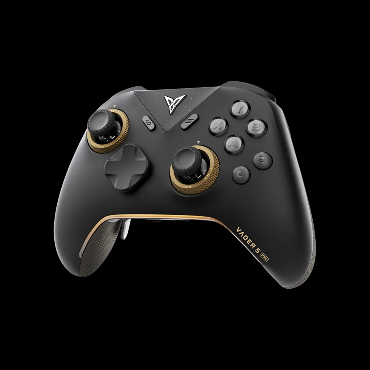 FlyDigi Vader 5 Pro controller 3/4 angle view showing gold-ringed thumbsticks and textured grips