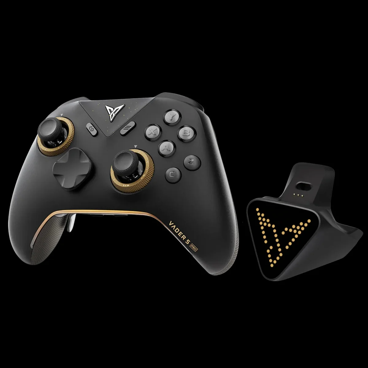 FlyDigi Vader 5 Pro controller with included wireless dongle showing LED FlyDigi logo