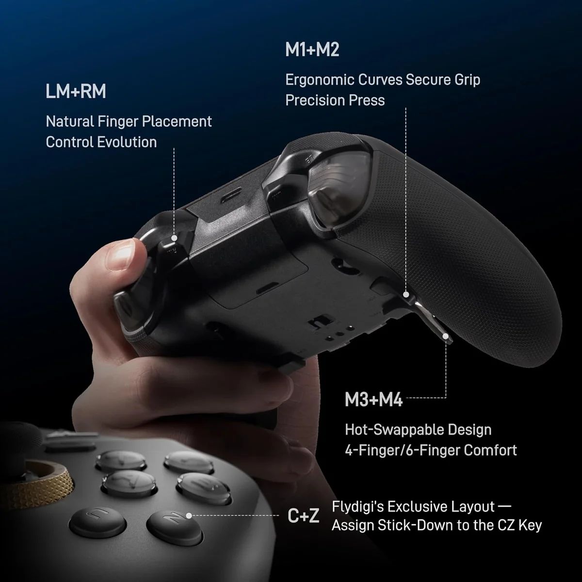 FlyDigi Vader 5 Pro controller back view in hand showing hot-swappable back buttons and button layout