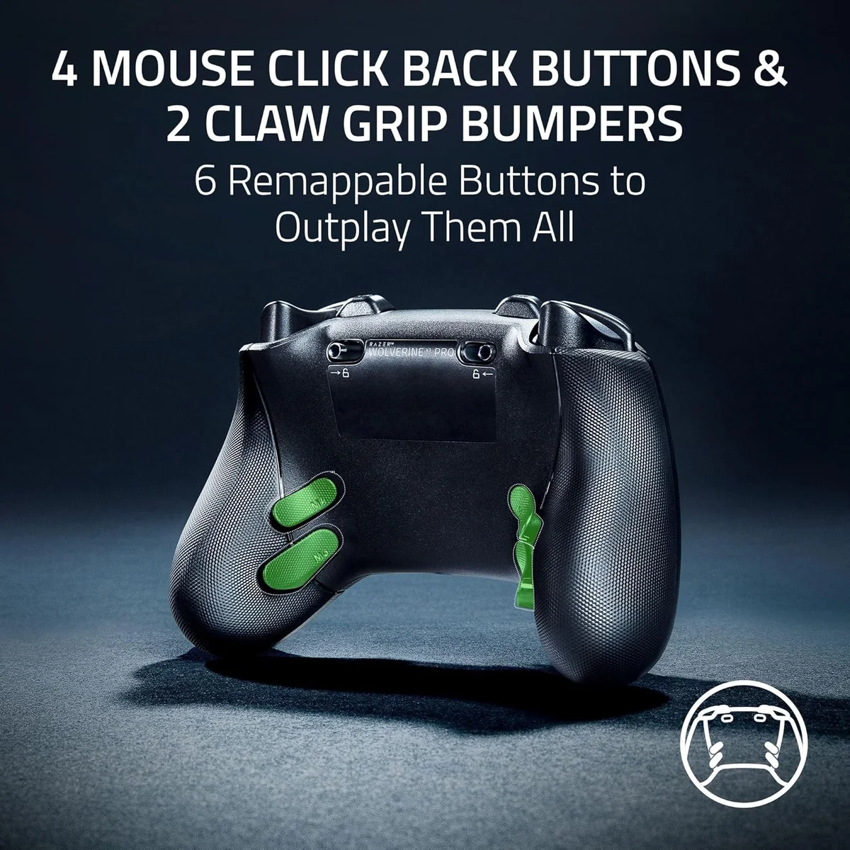 Razer Wolverine V3 Pro rear view showing 4 mouse-click back buttons and 2 claw grip bumpers