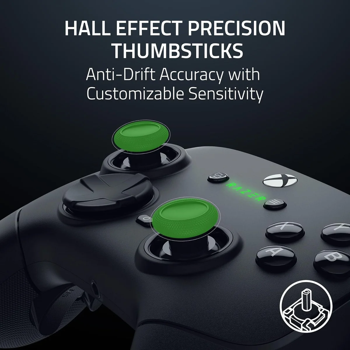 Razer Wolverine V3 Pro Hall Effect precision thumbsticks close-up with green anti-drift accents