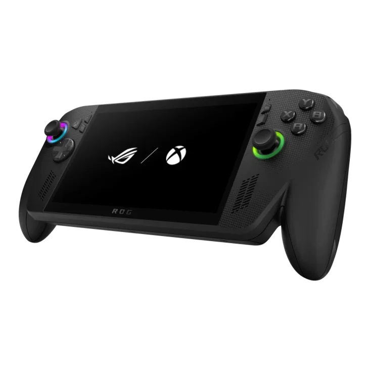 ASUS ROG Xbox Ally X 3/4 angled view showing screen and right-side controls