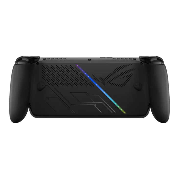 ASUS ROG Xbox Ally X rear view showing ROG logo and RGB lighting strip