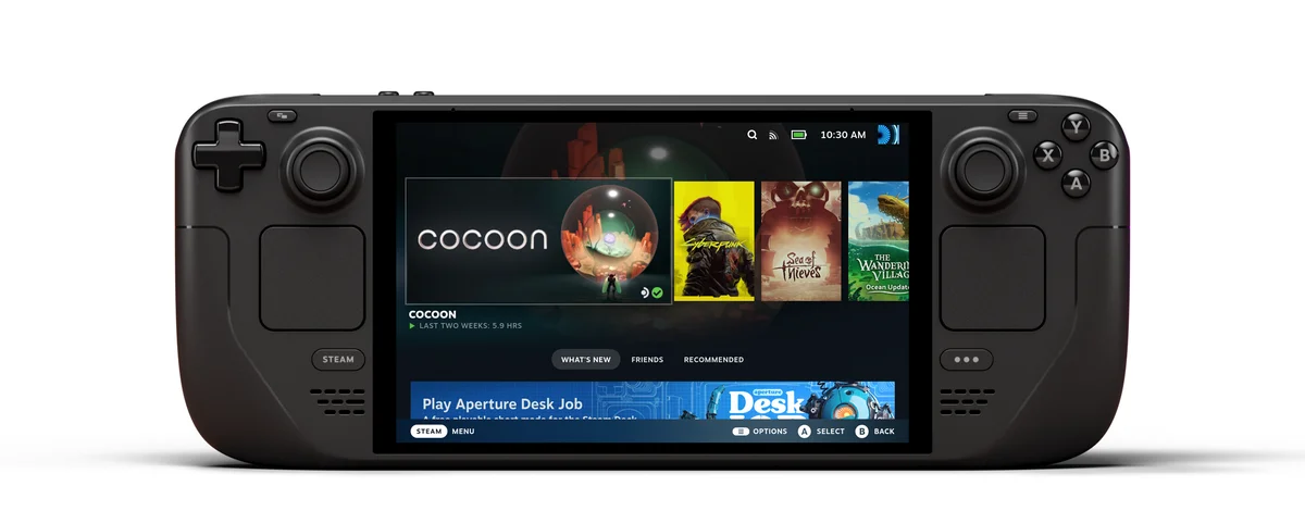 Valve Steam Deck OLED front view showing Steam library interface on the 7.4-inch OLED screen
