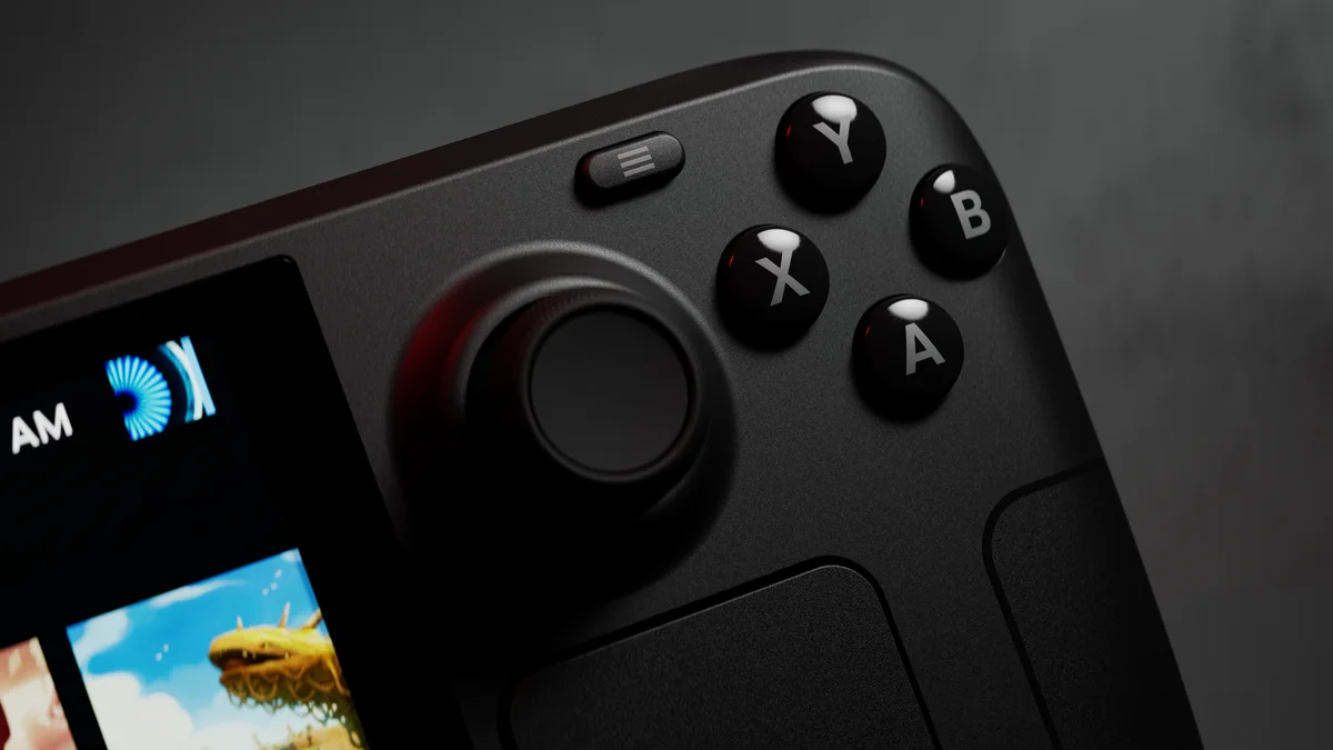 Valve Steam Deck OLED close-up of right-side joystick and ABXY buttons