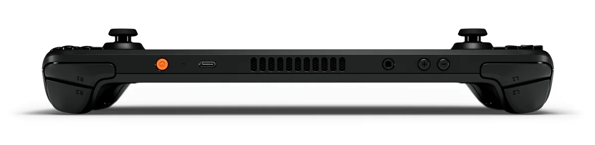 Valve Steam Deck OLED top edge showing USB-C port, headphone jack, and volume buttons