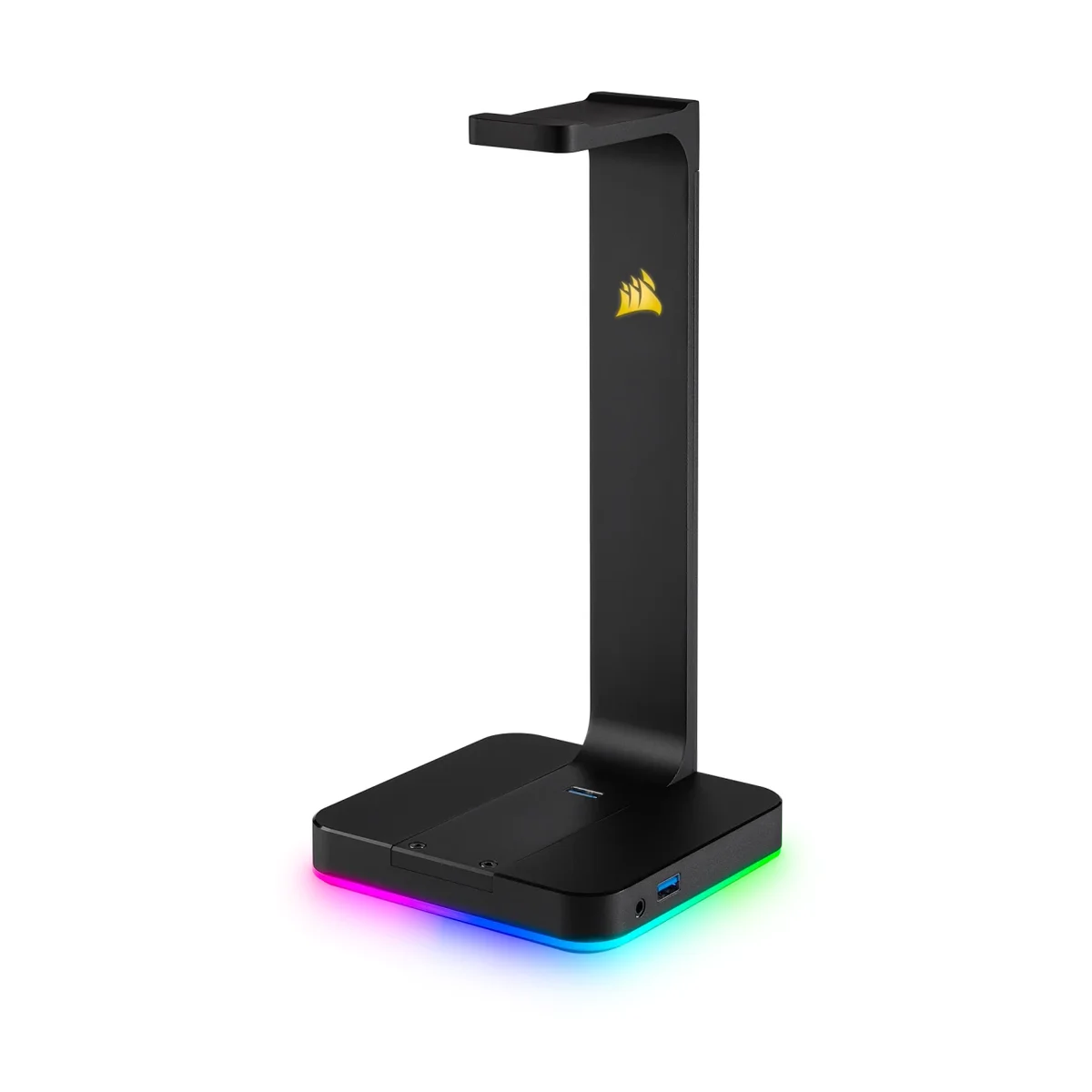 Corsair ST100 RGB headset stand in black aluminum with RGB base lighting, front angle on a white background