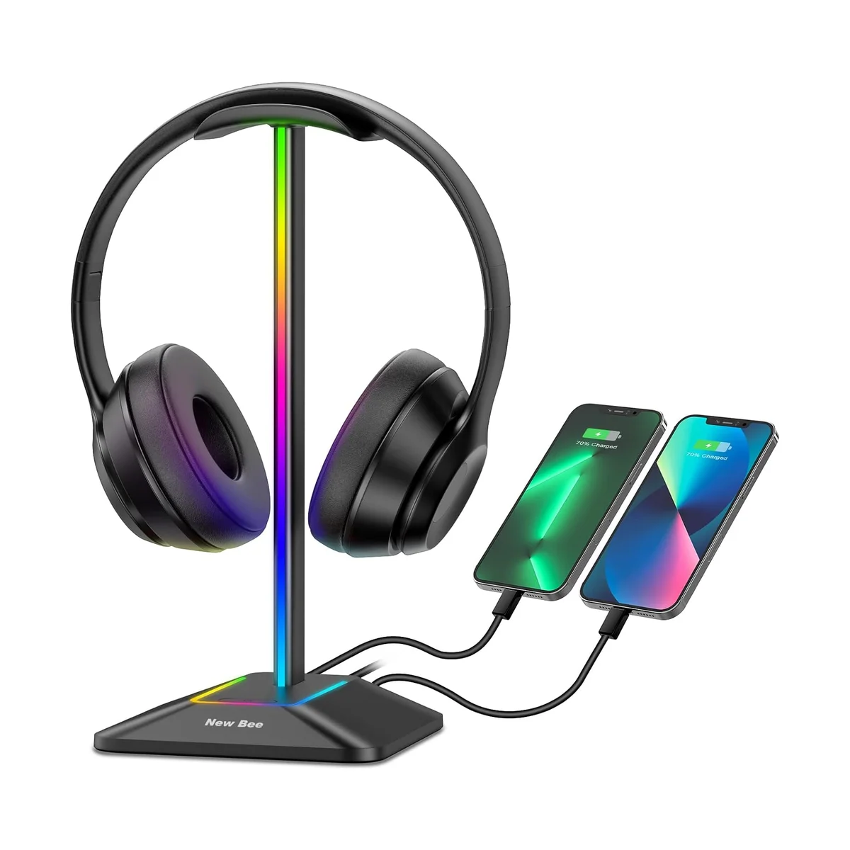 New Bee RGB headphone stand in black holding over-ear headphones with two phones charging from its USB ports on a white background