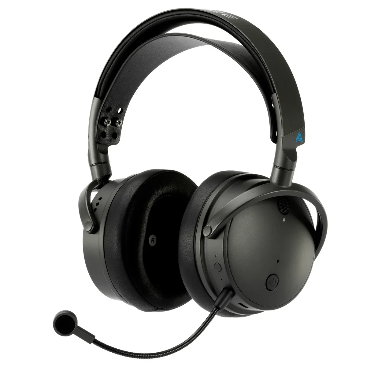 Audeze Maxwell wireless gaming headset in black, three-quarter angle view with boom microphone extended