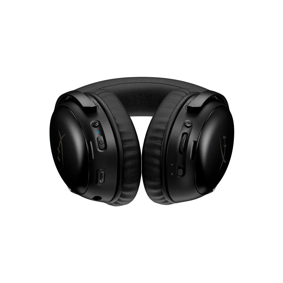 Bottom view of HyperX Cloud III S Wireless ear cups showing USB-C port, power and Bluetooth buttons, and volume wheel