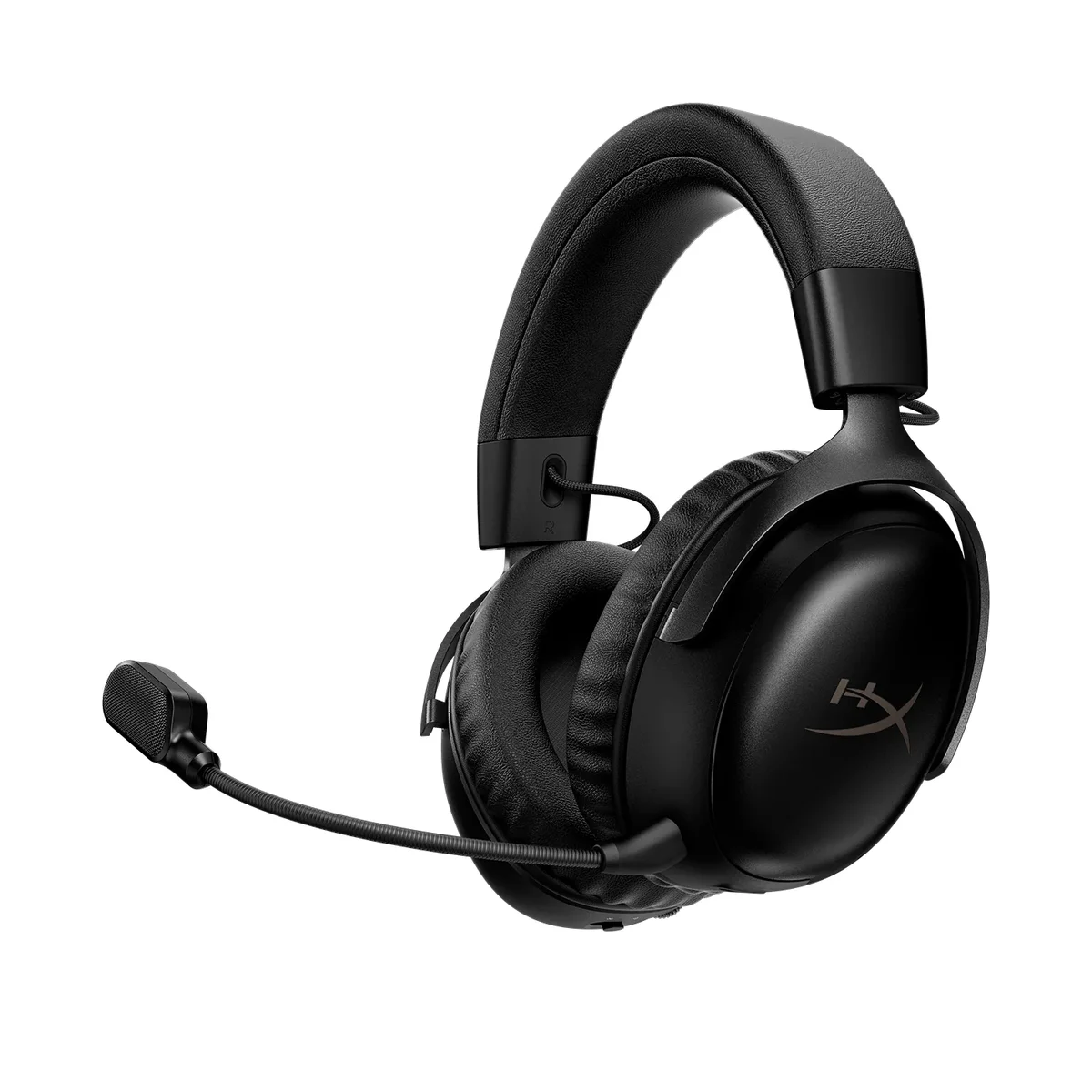 HyperX Cloud III S Wireless gaming headset in black, 3/4 front view with detachable boom microphone extended