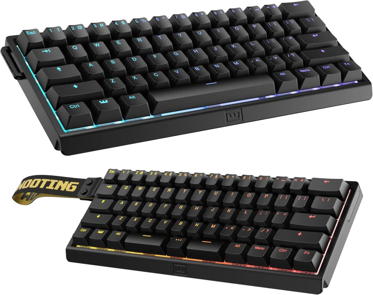 Wooting 60HE V2 aluminium and standard variants shown with Wooting strap