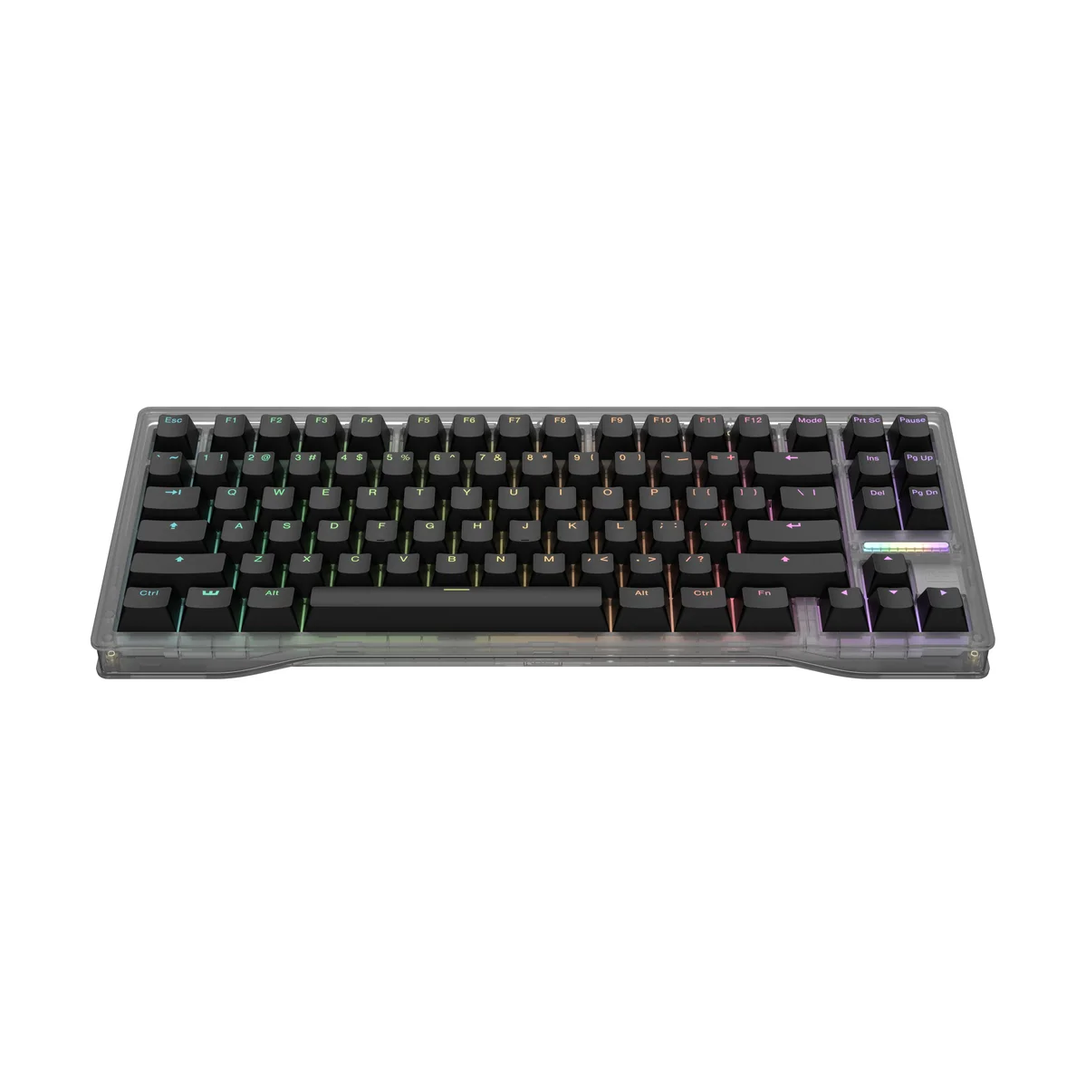 Wooting 80HE with translucent Ghost PCR case and black keycaps under RGB lighting