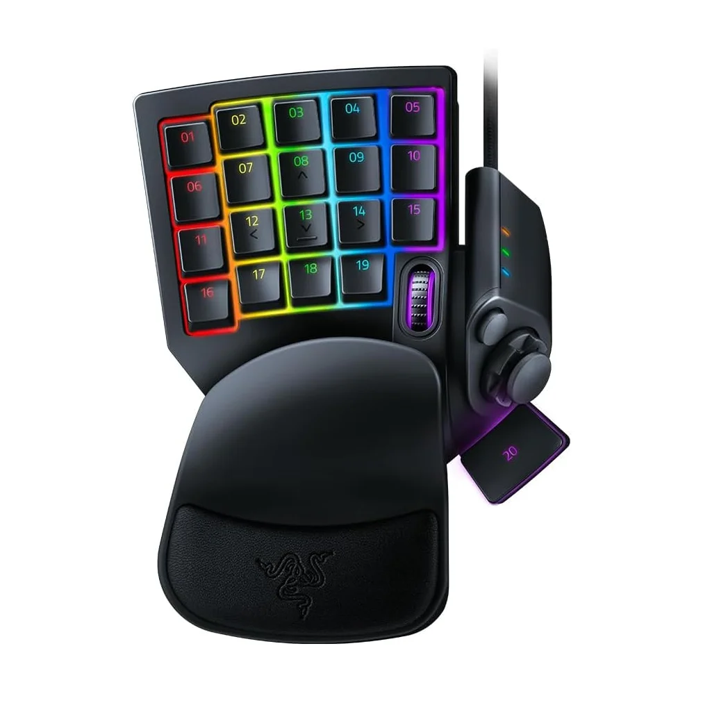 Razer Tartarus Pro analog optical gaming keypad in Classic Black, front three-quarter view showing the numbered keys with RGB backlighting, scroll wheel, thumbpad and adjustable palm rest