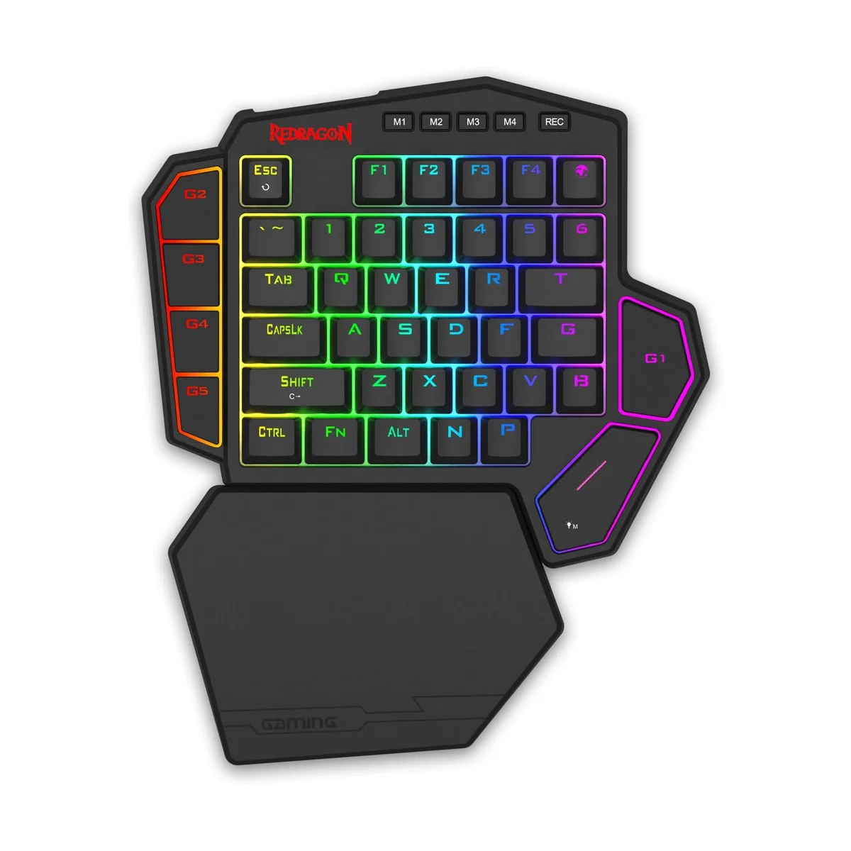 Redragon K585 DITI one-handed RGB mechanical gaming keypad, top-down view showing the 42-key layout, G1 to G5 macro keys and detached magnetic wrist rest