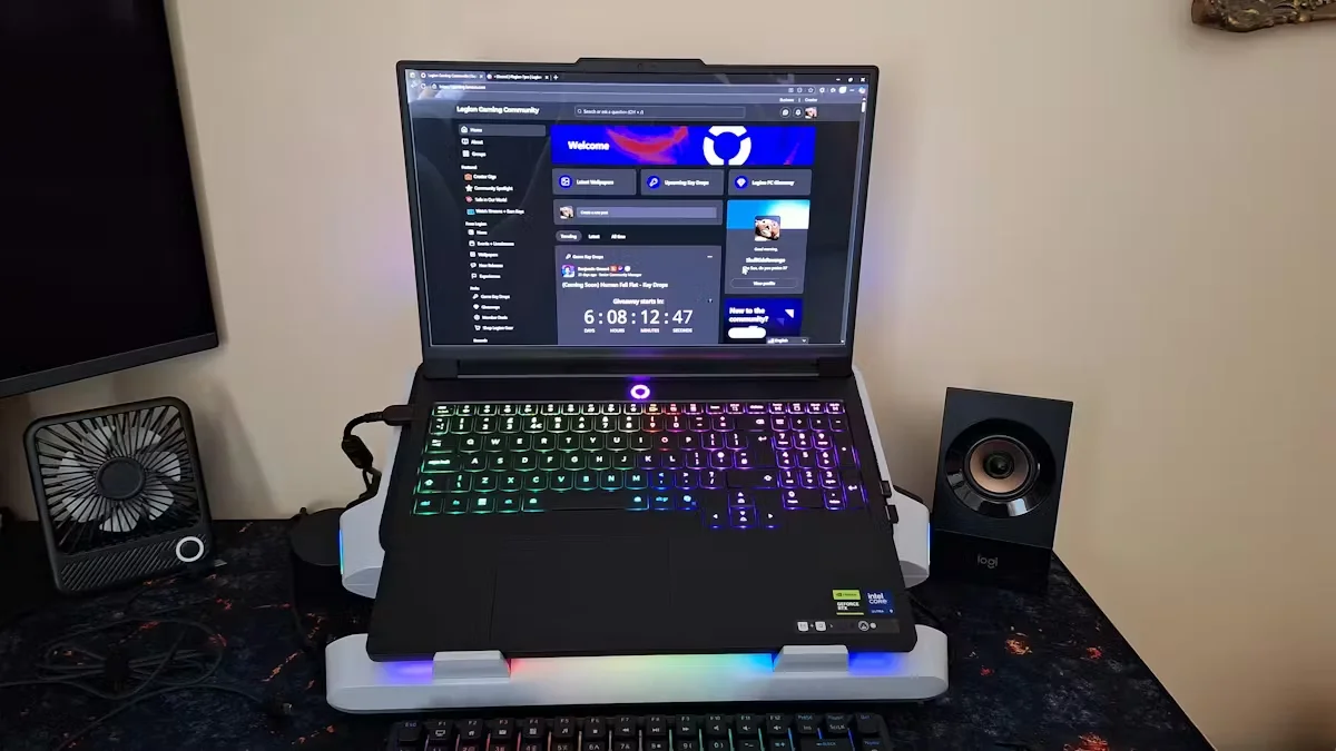 Lenovo Legion Pro 7i Gen 10 in a desk setup with laptop stand, external keyboard, and speakers