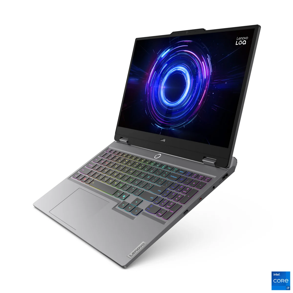 Lenovo LOQ 15 left 3/4 angle showing open laptop with display, keyboard, and side port layout