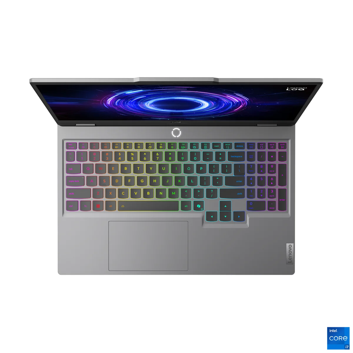 Lenovo LOQ 15 top-down view highlighting full-size keyboard with per-key RGB backlighting and trackpad