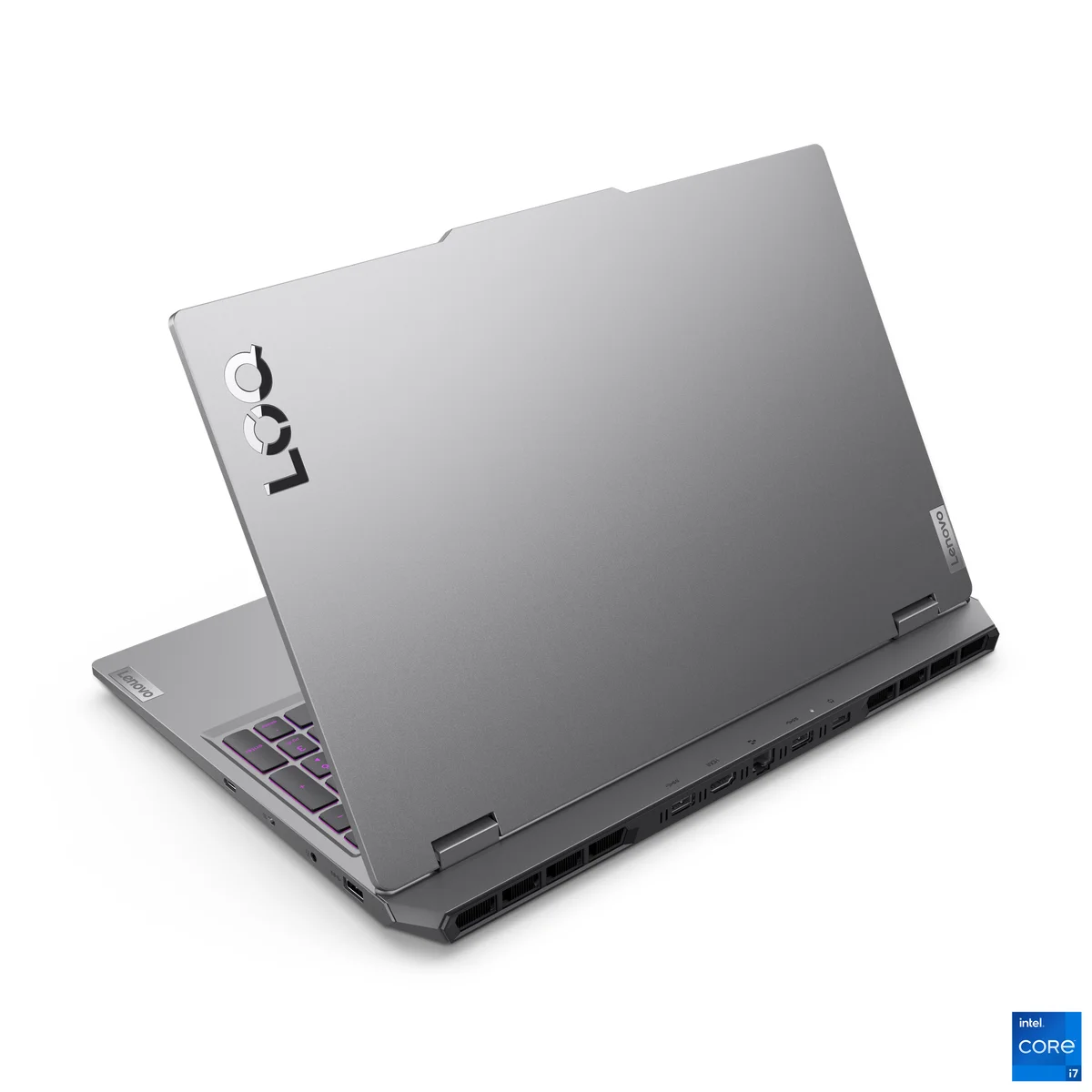 Lenovo LOQ 15 rear view showing LOQ logo on lid, rear exhaust vents, and port array including HDMI, USB-A, and power