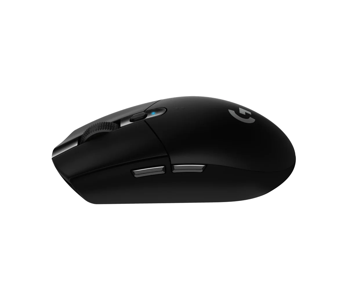 Logitech G305 Lightspeed black left side profile showing its low compact symmetrical shape and the two thumb buttons