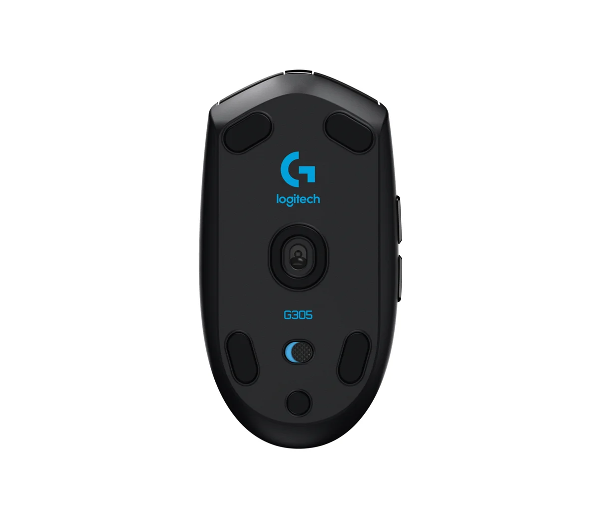 Underside of the Logitech G305 Lightspeed in black, showing the HERO sensor window, four PTFE feet, the G305 marking and the on/off switch