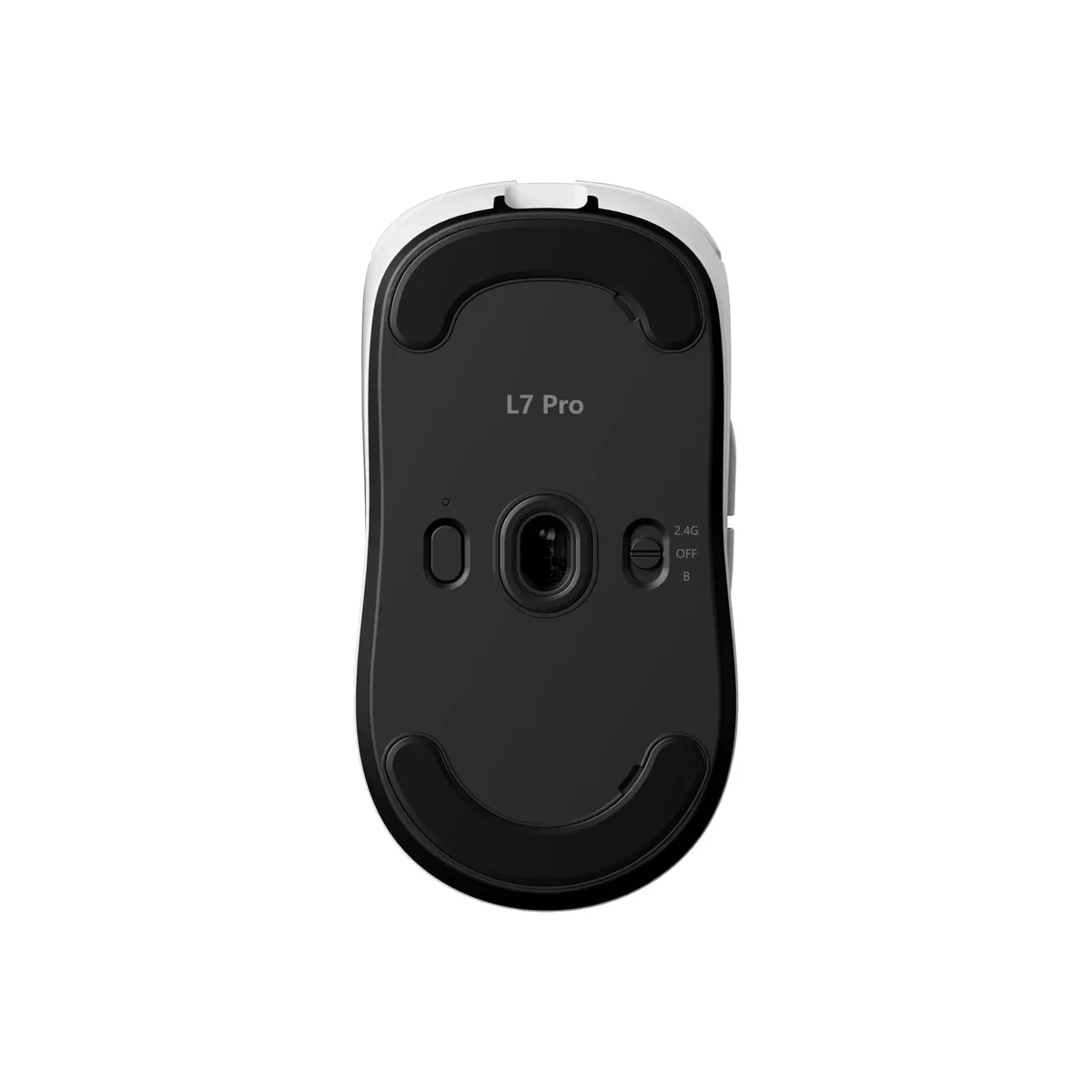 Mchose L7 Pro bottom view showing PAW3395 sensor, PTFE feet, and 2.4GHz/Bluetooth switch