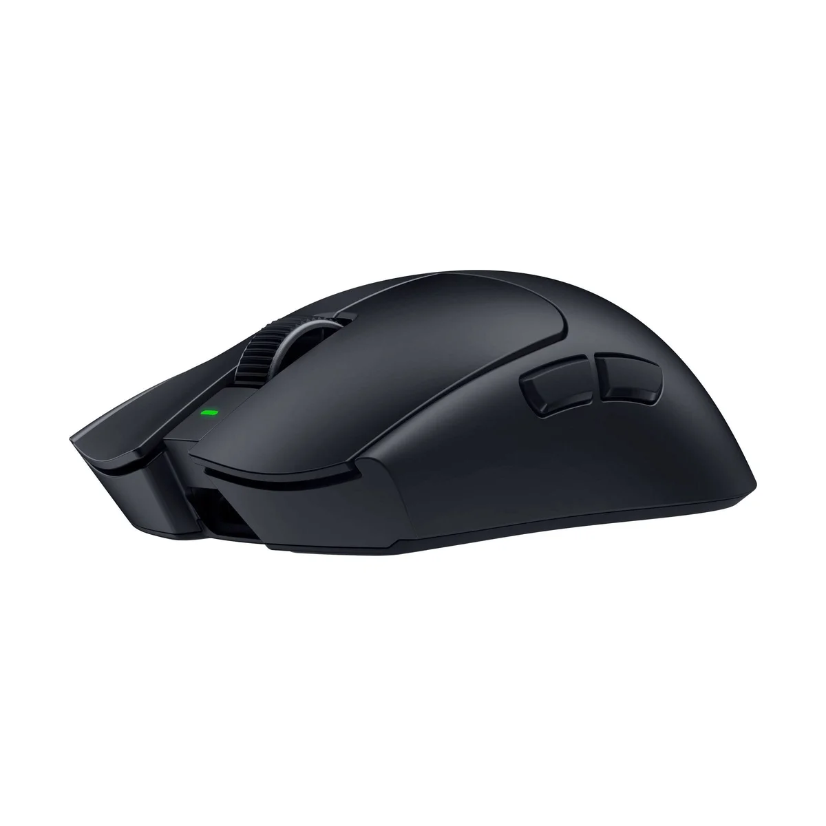 Razer Viper V4 Pro in black from the front-left, showing the two side buttons, scroll wheel, status light and low symmetrical shell