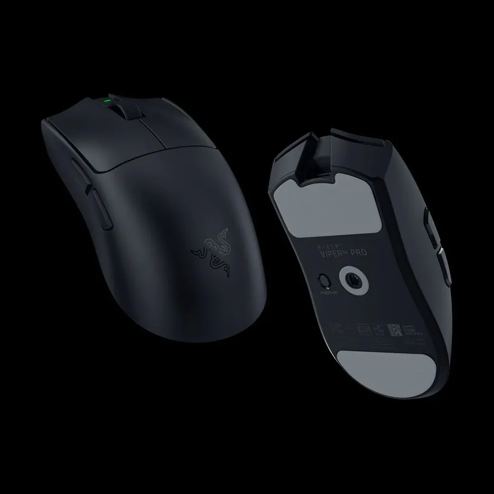 Razer Viper V4 Pro top shell next to its underside, showing the optical sensor, large PTFE feet and Viper V4 Pro branding on the base