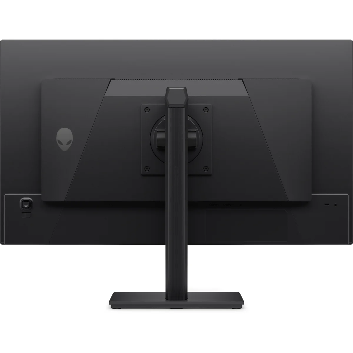 Alienware AW2726DM rear view showing the alien-head logo, VESA mount plate and stand column