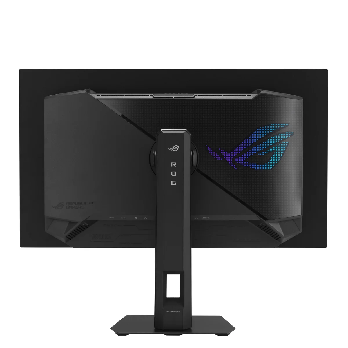 ASUS ROG Strix XG27AQWMG rear view with ROG branding and stand mount
