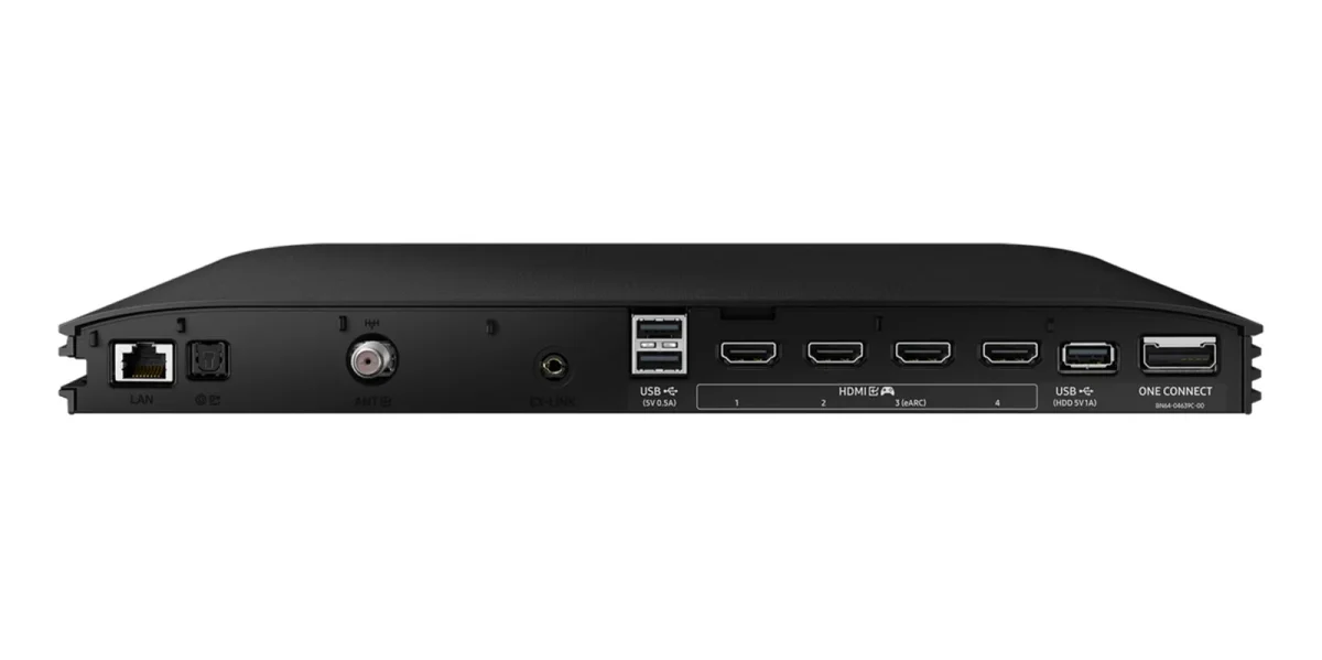 Samsung S95F One Connect box rear showing four HDMI 2.1 ports and connectivity