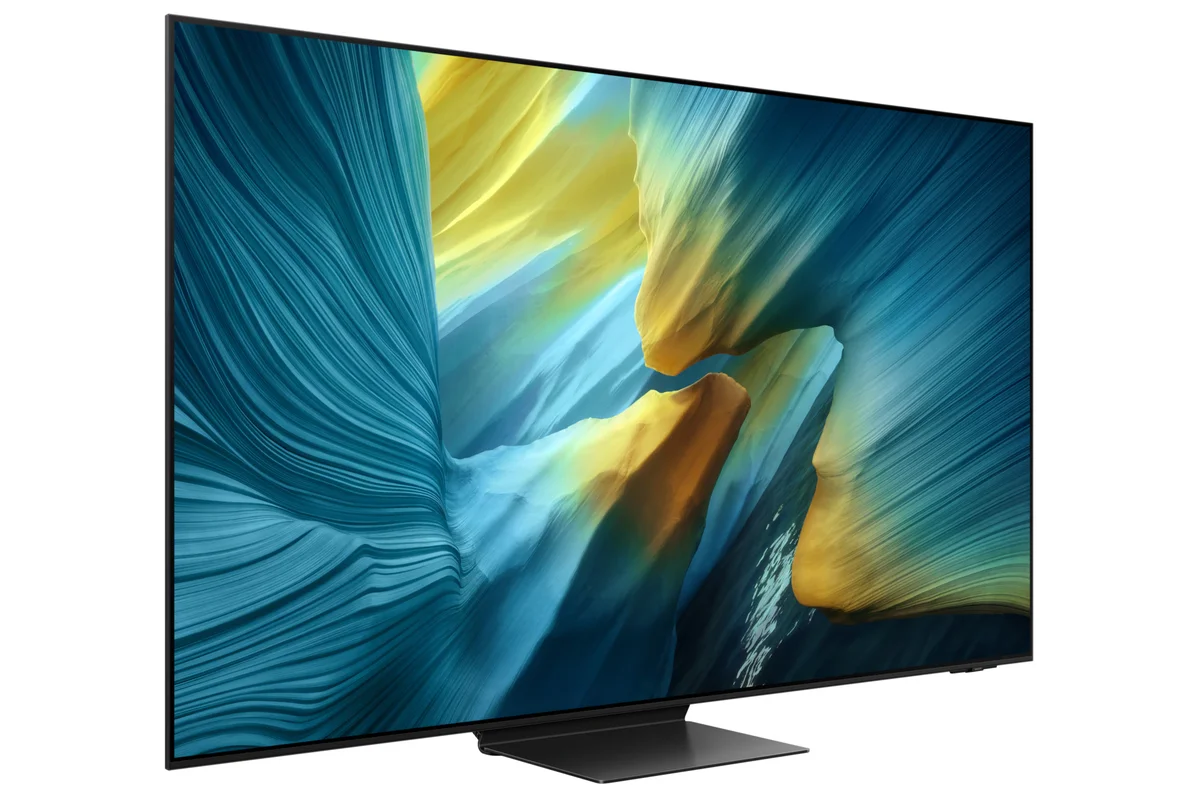 Samsung S95F 65-inch OLED TV from a three-quarter angle showing ultra-thin bezels and center stand