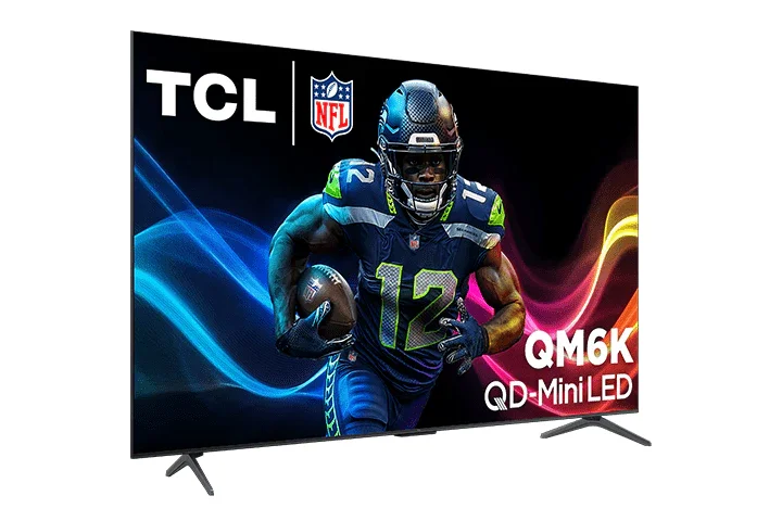 TCL QM6K angled left view showing slim bezel and stand design