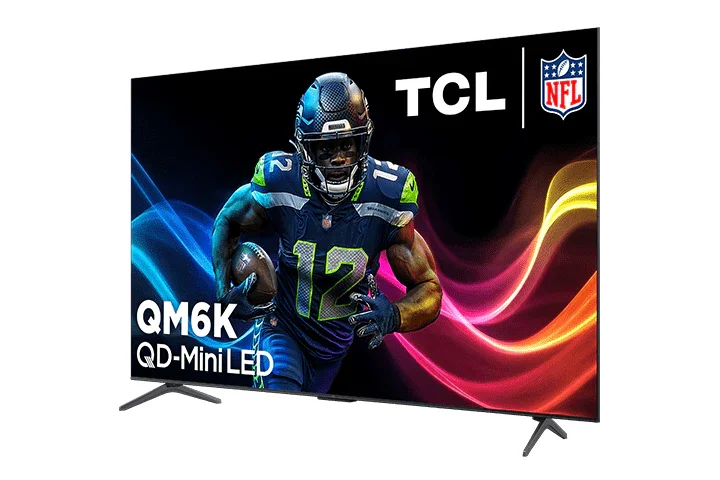 TCL QM6K angled right view showing thin profile and V-shaped stand