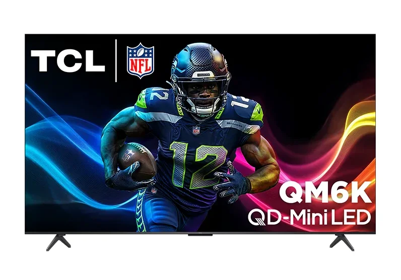 TCL QM6K 65-inch front view showing QD-Mini LED display with stands