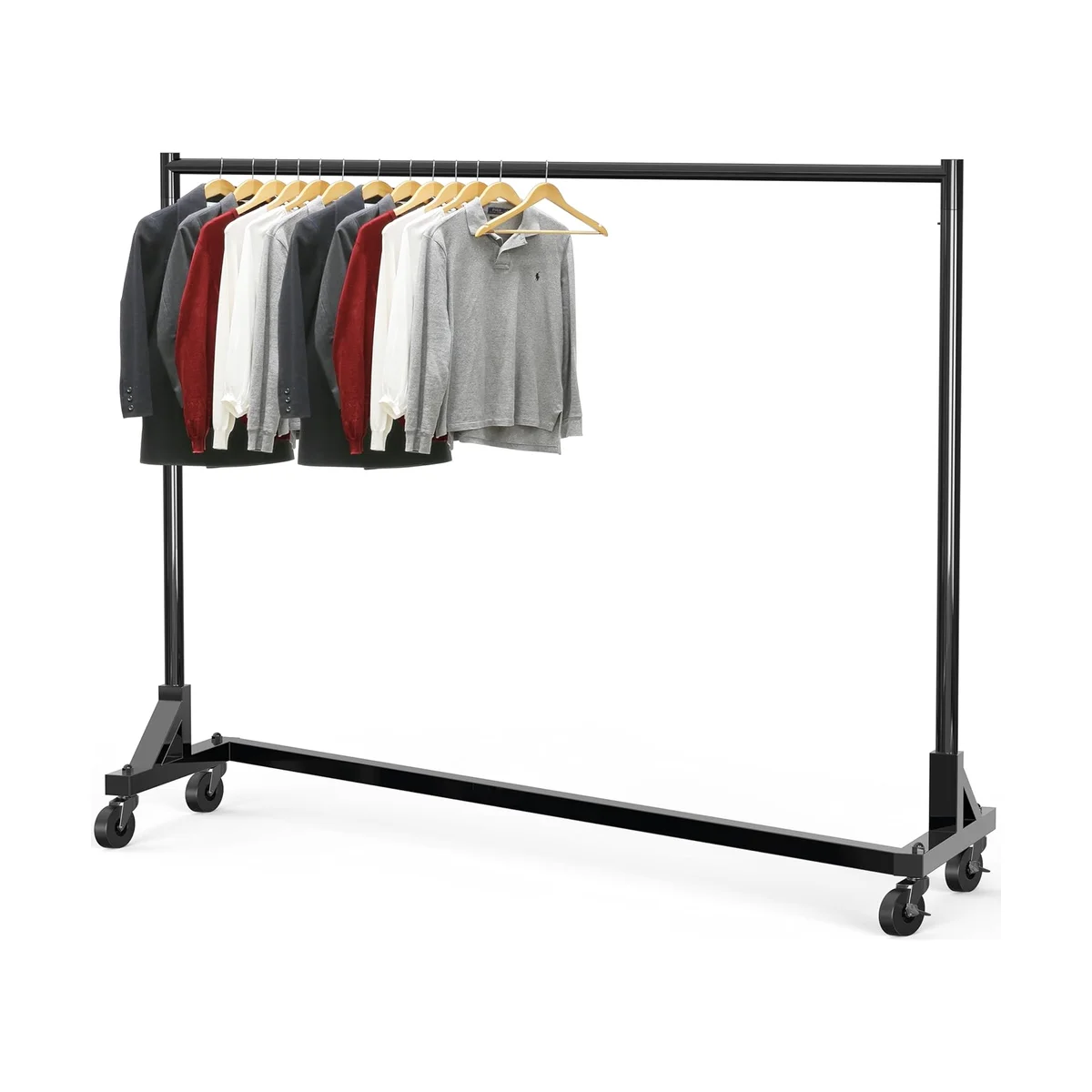 Simple Houseware Industrial Grade Z-Base Garment Rack in black, full rack on white with shirts and jackets hanging from the top rod