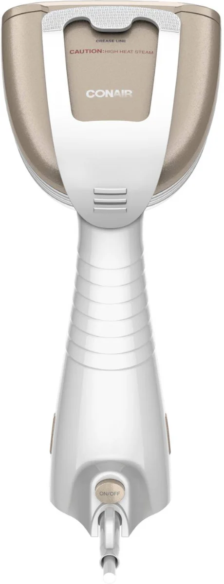 Conair Turbo ExtremeSteam GS59X steam head close-up showing dual-slotted ceramic soleplate and steam settings controls