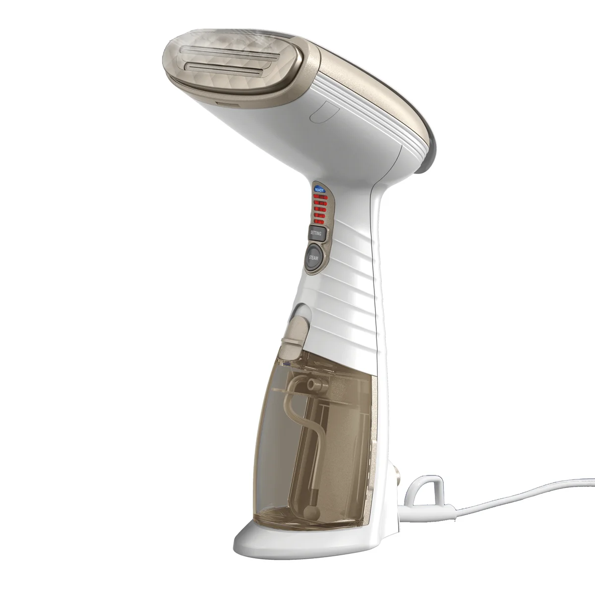 Conair Turbo ExtremeSteam GS59X handheld fabric steamer, 3/4 view showing steam head and water reservoir