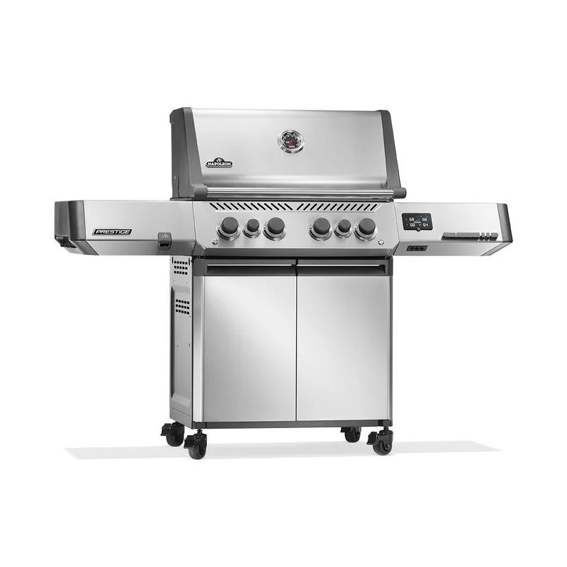 Napoleon Prestige 500 Connected gas grill — 3/4 angle view showing full profile and side shelves
