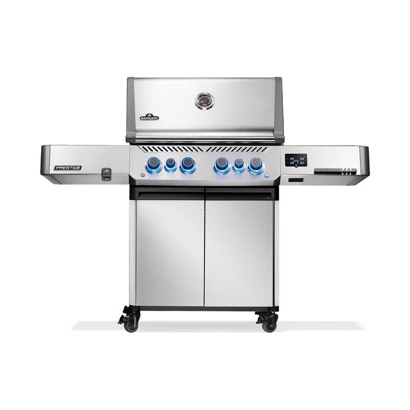 Napoleon Prestige 500 Connected gas grill — front view with illuminated blue control knobs