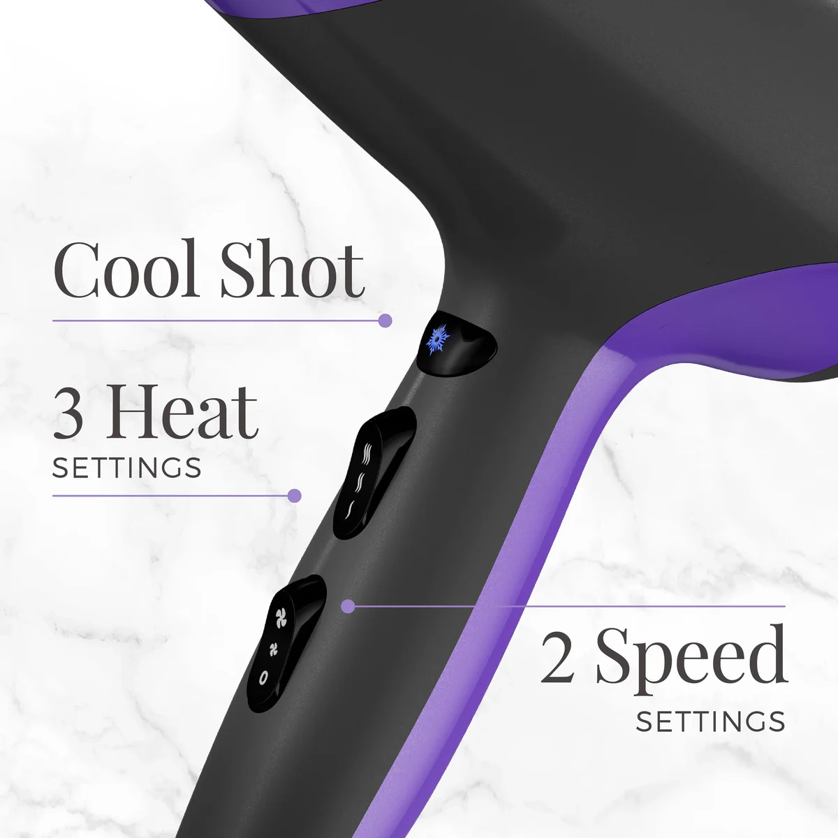 Remington D3190 close-up of heat and speed controls showing Cool Shot, 3 heat, and 2 speed settings