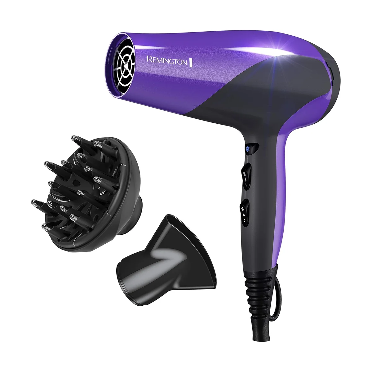 Remington D3190 hair dryer with diffuser and concentrator attachments on white background