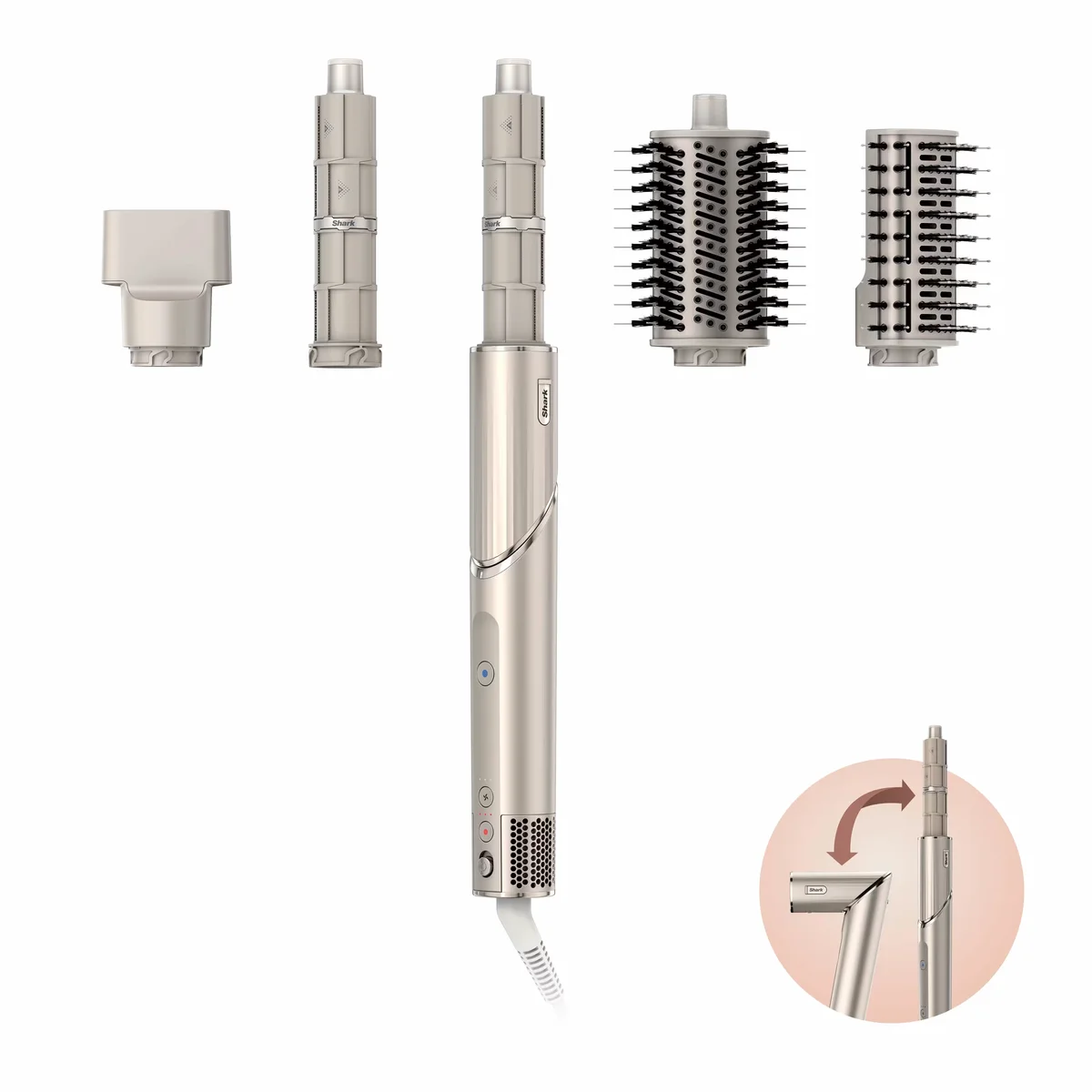 Shark FlexStyle with all five attachments: concentrator, auto-wrap curlers, paddle brush, oval brush, and diffuser