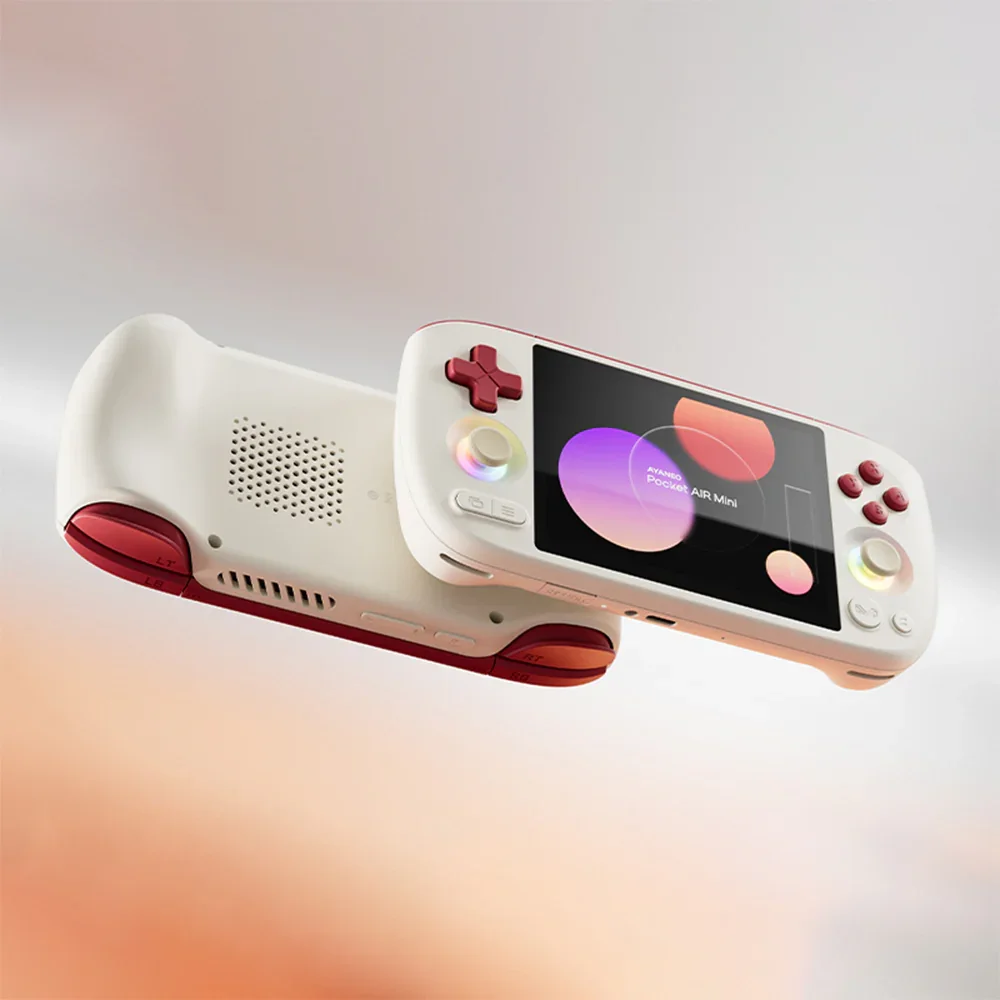 AYANEO Pocket Air Mini 3/4 angle showing speaker grille, Hall trigger buttons and side profile