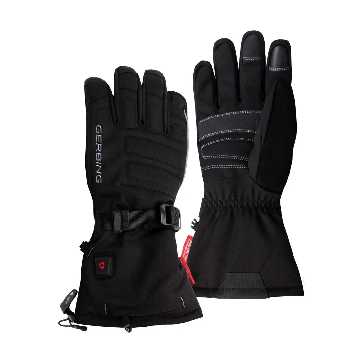 Gerbing S7 Battery Heated Gloves in black, back of one glove and palm of the other, showing the wrist cinch strap, gauntlet heat control button and touchscreen index fingertip