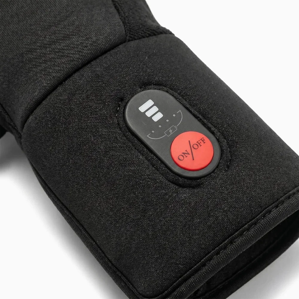 Close-up of the Savior Heat SW04 heated glove liner wrist cuff, showing the red ON/OFF button and the three-level heat indicator