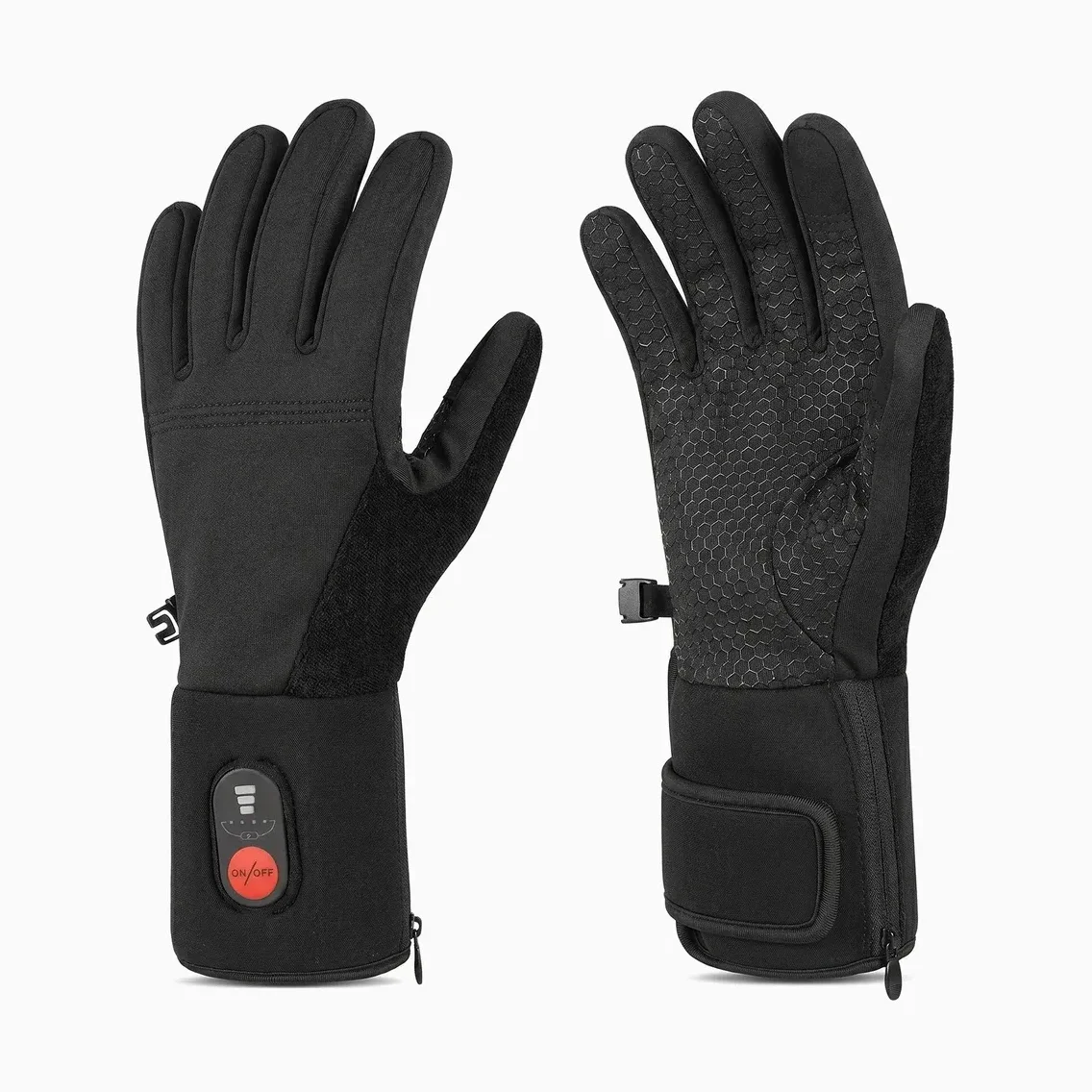 Savior Heat SW04 heated glove liners in black, a pair showing the back of one glove with its red ON/OFF heat controller on the cuff and the palm of the other with its hexagon anti-slip grip and zippered wrist cuff