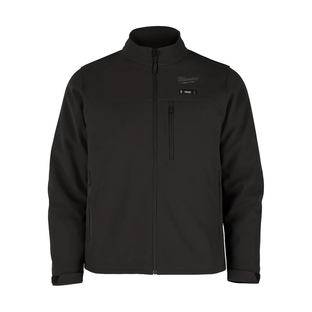 Milwaukee M12 Heated ToughShell Jacket in black, front view showing the stand collar, Milwaukee logo, M12 heat-control button and zippered chest pocket
